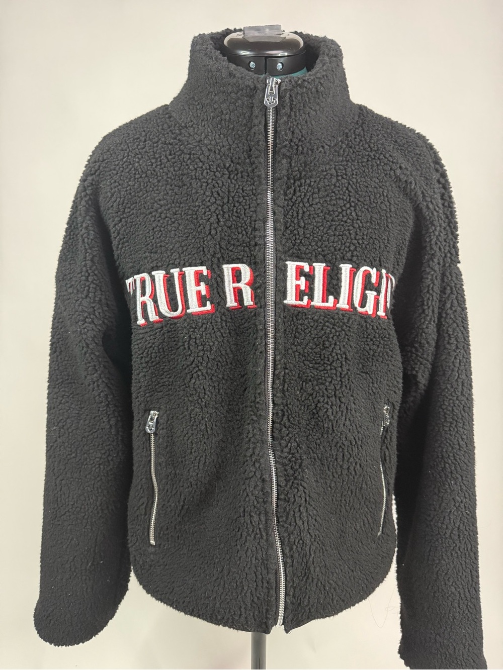 True Religion Black Sherpa Jacket with Red & White Logo